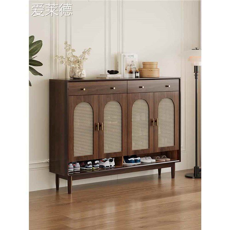 藤编鞋柜家用门口实木框复古玄关柜客厅入户简约现代收纳柜储物柜