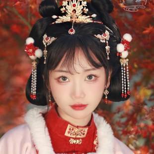 贺岁 新年红色发簪古风汉服国风中式发饰头饰掩鬓簪步摇流苏发梳