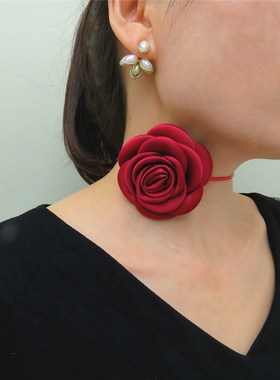 红色颈花玫瑰绑带颈链项圈脖颈花朵女款复古夏季少女颈锁骨链配饰
