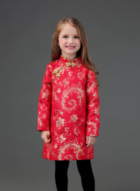 女童改良旗袍秋冬红色拜年服过年新衣表演送礼宝宝拜年服中国风厚