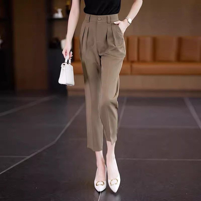 哈伦裤女秋季职业女裤高腰西装裤2025新款卡其色九分直筒烟管裤子,女装/女士精品,西装裤/正装裤,淘宝优惠券,粉丝福利购,淘宝优惠卷