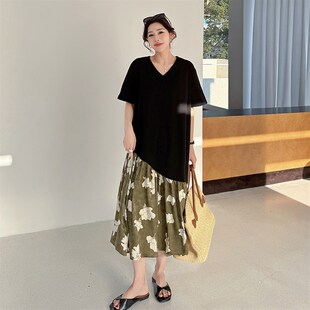 胖mm大码绝美连衣裙2025夏新款拼醋酸缎显瘦法式V领短袖长裙