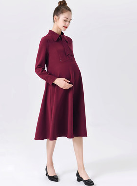孕妇装秋冬季新长款孕妇连衣裙女职业面试工装长袖可哺乳长裙子潮