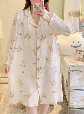 前开扣哺乳睡裙夏季纯棉纱布长袖孕妇睡裙待产生产后睡衣群月子群