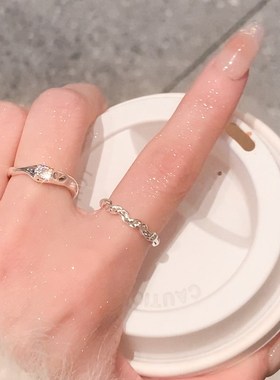 银色素圈戒指女小众设计开口食指戒指女时尚个性法式锆石尾戒指环