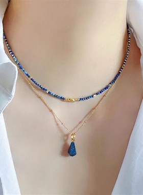 小众设计蓝色串珠项链新中式国风气质高级感冷淡风叠戴锁骨链颈链