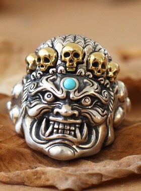 大黑天纯银戒指男款饰品复古民族风个性指环宽版开口可调节食指戒