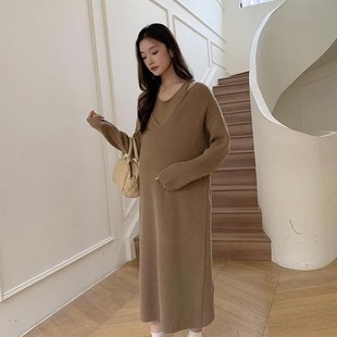 孕妇毛衣秋冬中长款2024新款秋季孕晚期大码孕妇装冬装针织连衣裙