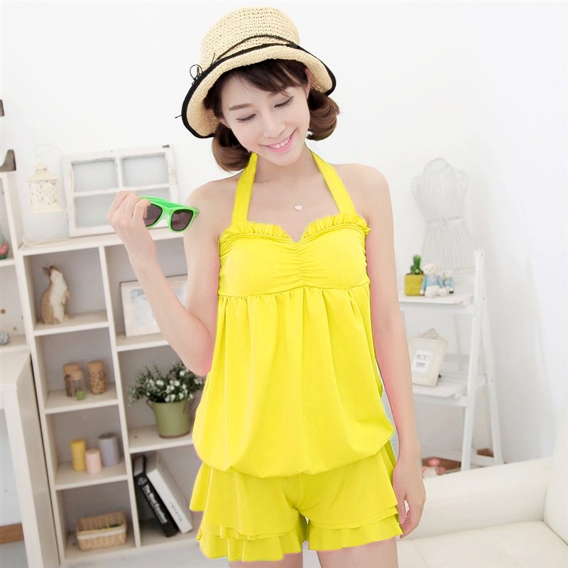 女式分体温泉泳装三件套大码裙式遮肚显瘦保守纯色黑色游泳衣女