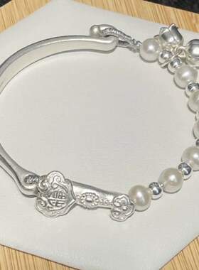 999纯银如意铃兰花珍珠半镯半链女新款小桃花手镯手链生日送女友