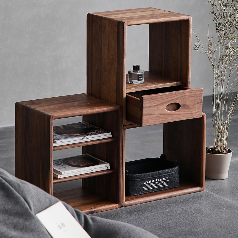 黑胡桃实木自由组合书柜日式客厅简易储物格子书架收纳小型床头柜