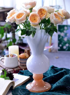 中古珠光奶油铃兰花瓣口奶绿橙色底座拼白粉色风灯手工花瓶插花器