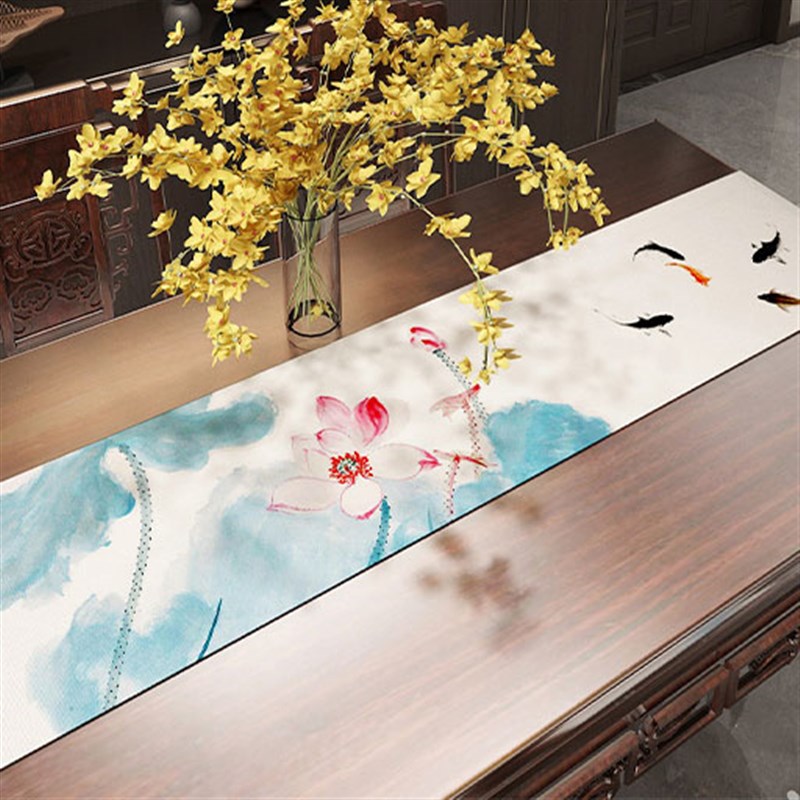 桌旗大师水墨荷花中式茶桌垫布茶席茶几搭巾搭布茶旗亚麻茶台桌布