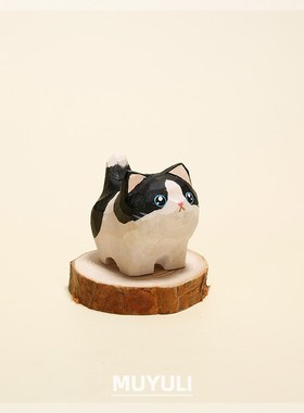 手工木雕小猫咪奶牛猫汽车摆件办公室电脑桌面装饰生日礼物教师节