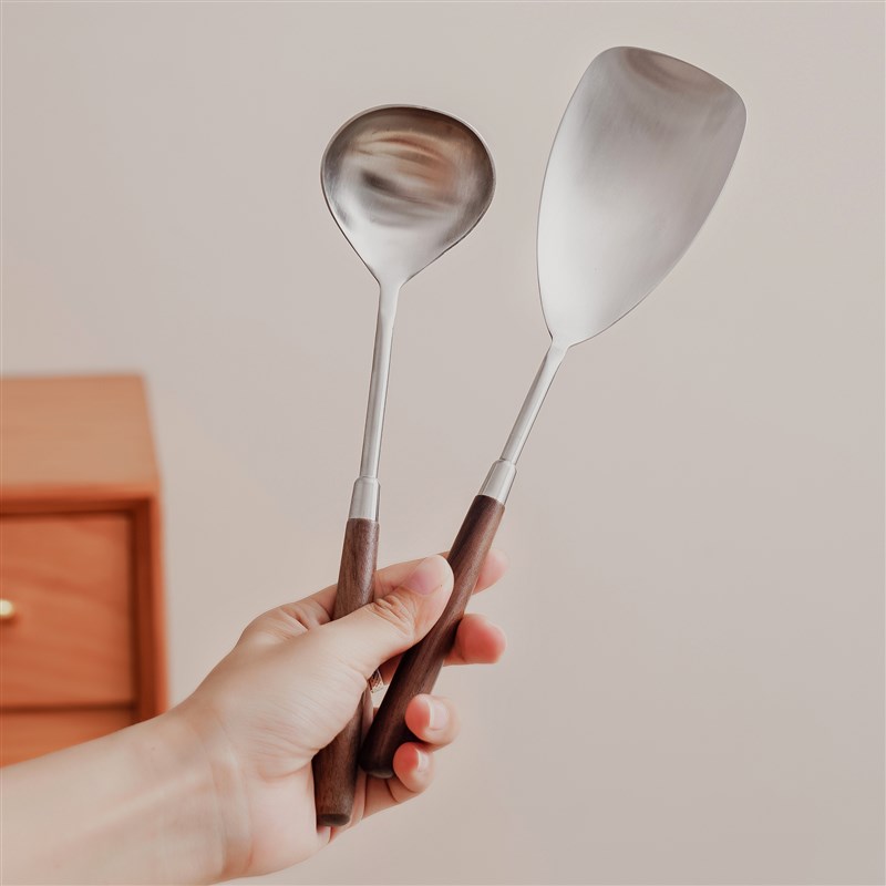 胡桃木柄小锅铲304不锈钢迷你炒菜勺汤勺煎铲家用不粘锅厨具套装