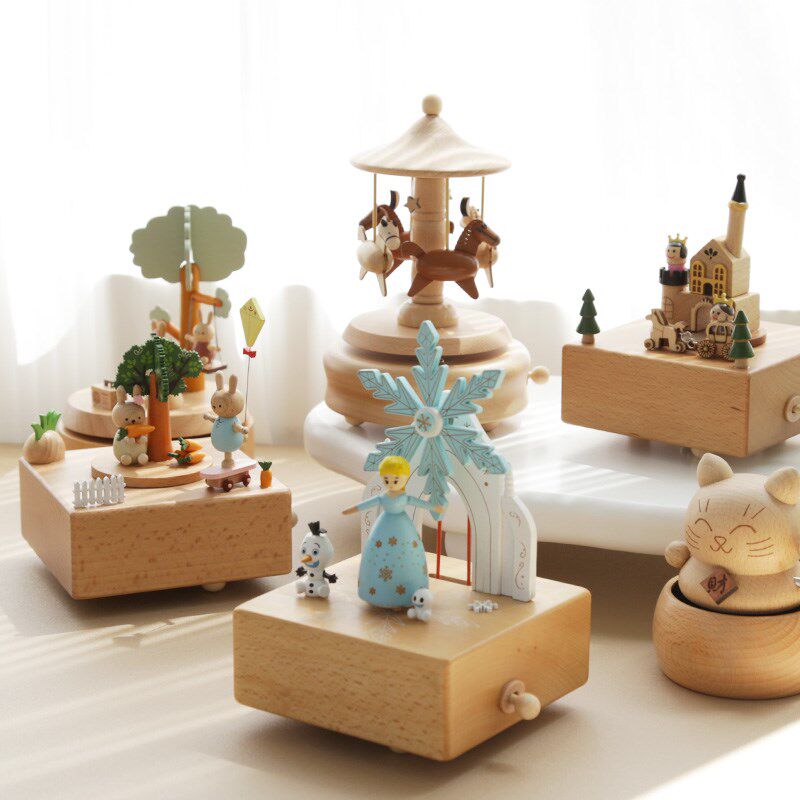 公主小雪人木音盒风车居转八质家旋桌面摆件创意礼品