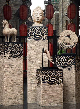 中式祥云展示柱复古客厅摆件大型落地底座庭院玄关招财石柱