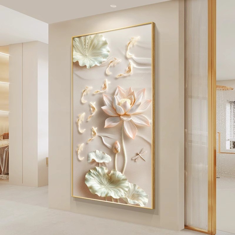 荷花图入户玄关装饰画奶油风招财锦鲤挂画立体感走廊过道壁画图片