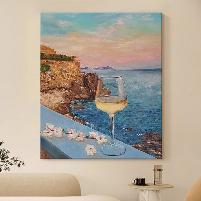 奶油风海面风景手绘油画酒杯花卉客厅落地装饰画玄关过道走廊挂画图片