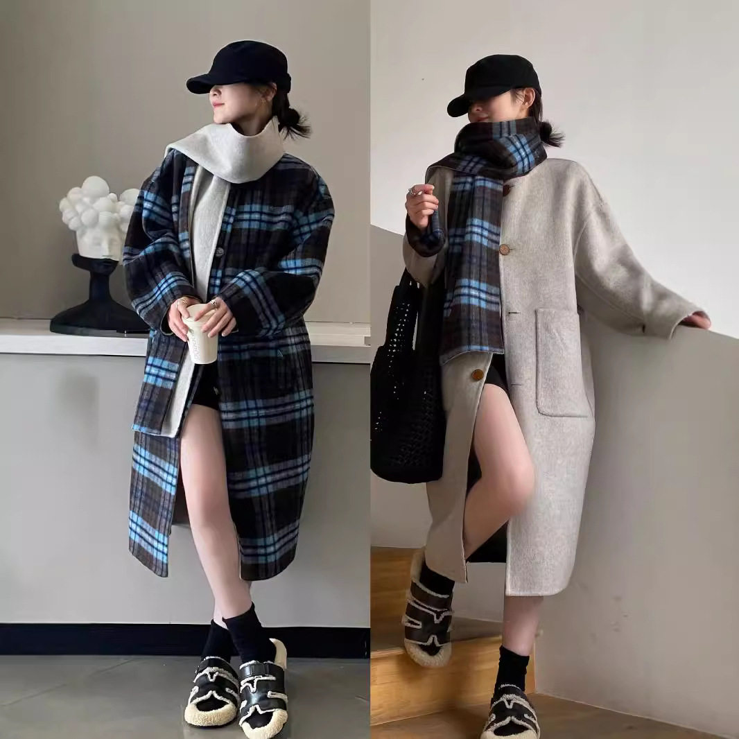 两面穿羊毛大衣格子可拆卸宽松型女棕色中长款双面呢外套西太后