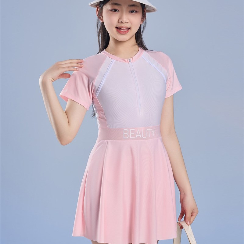 2025夏季新款儿童泳衣女涤纶面料学生少女训练连体裙式平角裤防走