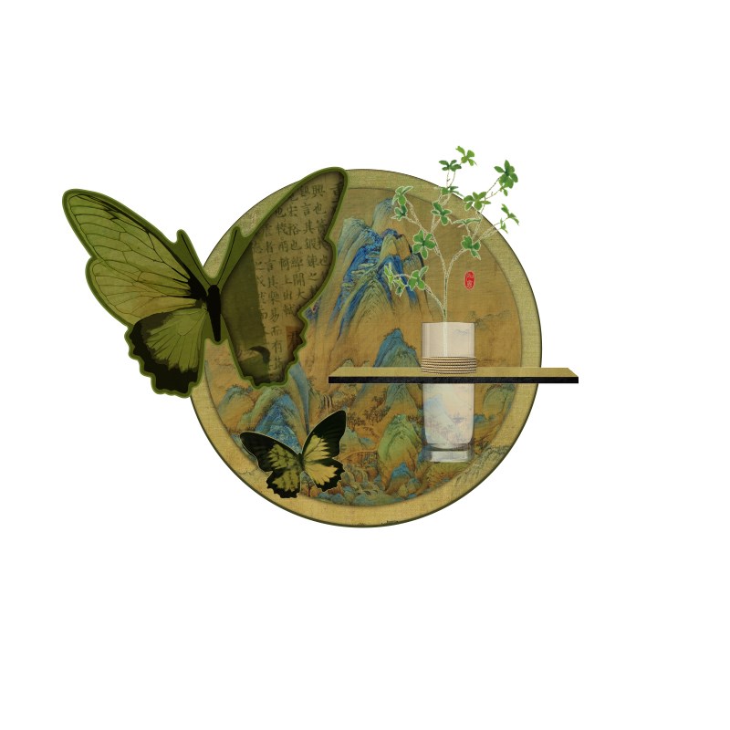 蝴蝶装饰山水画高级感中古风客厅电视机背景墙挂画艺术壁灯画水培图片