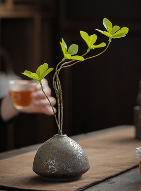 日式小花瓶简约插干花假花茶台装瓷摆件粗陶饰复古花器插花瓶