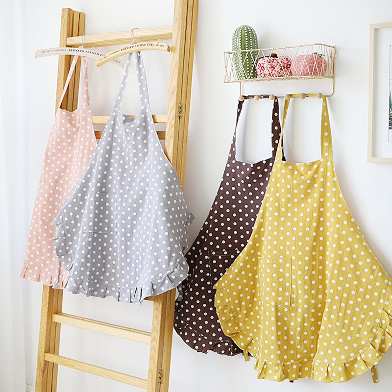水洗棉波点围裙防水防油污无袖挂脖围裙家务清洁可爱小清新