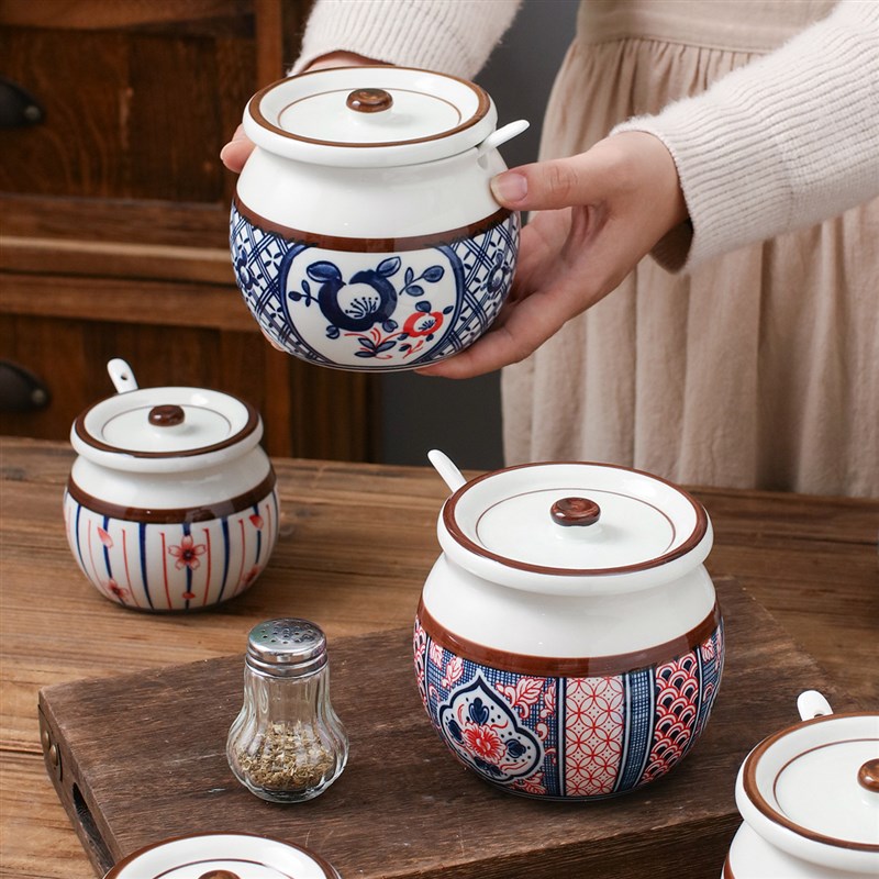 高温釉下印彩日式和风陶瓷餐具陶瓷调味罐糖罐猪油罐