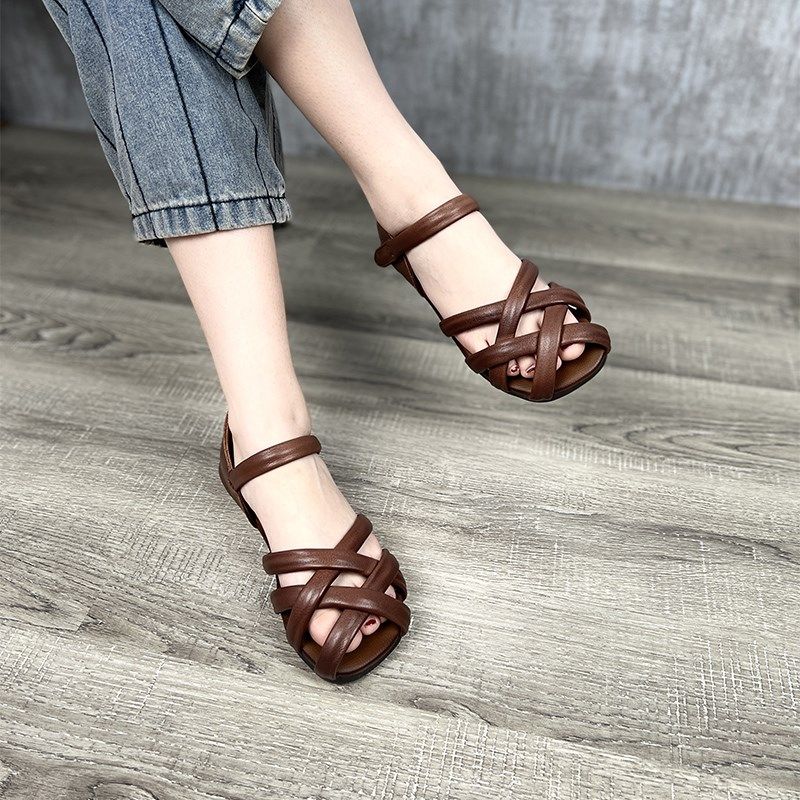 艺鞜2025夏季新款真皮编织平底软底包头低跟休闲魔术贴凉鞋子女,女鞋,时装凉鞋,淘宝优惠券,粉丝福利购,淘宝优惠卷