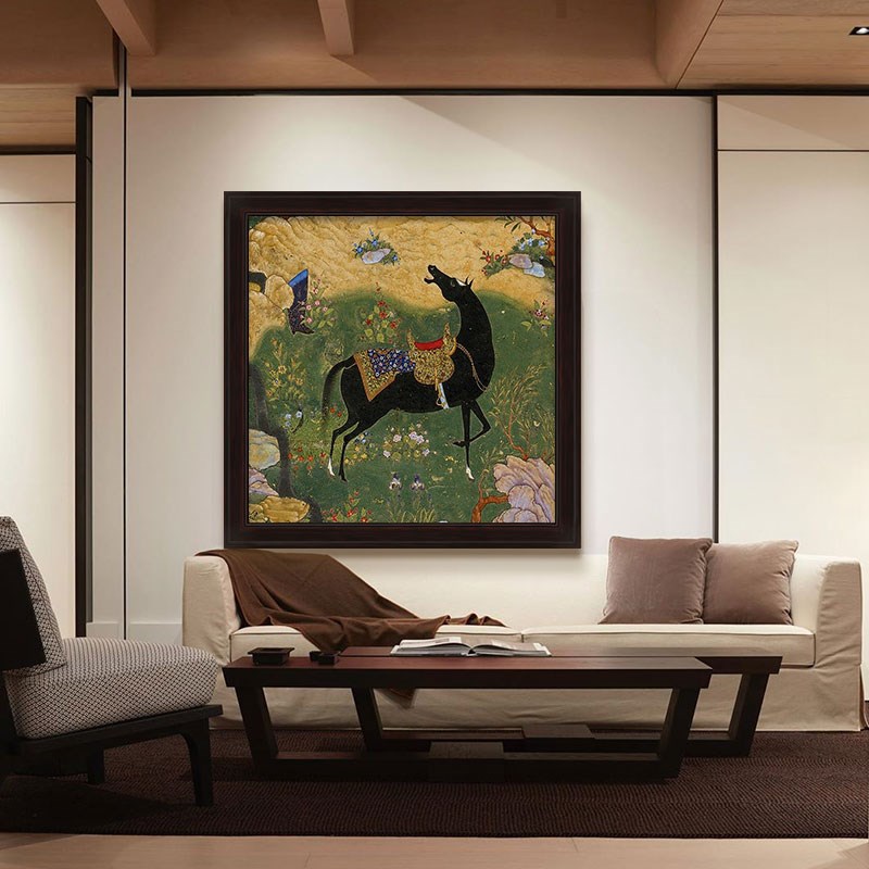 中古风复黑色骏马客厅装饰画高级艺术感风景手绘油画动物书房挂画图片