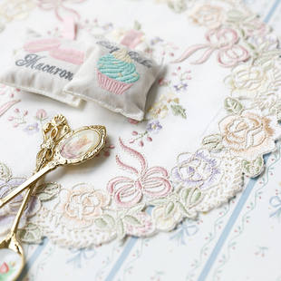 粉色少女心蝴蝶结玫瑰刺绣餐垫背景布隔热垫杯垫靠垫抱抽纸盒