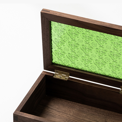 木胡桃木收纳盒绿色复古压储海棠玻璃盖式燕尾榫黑盒子花物盒