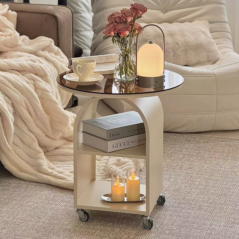 奶油风边桌可移动带轮网红简约现代客厅小茶几卧室床头玻璃小边几