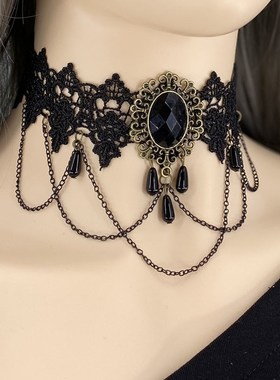 黑色配饰项链脖子饰品蕾丝颈饰颈链复古锁骨链项圈女颈带装饰气质