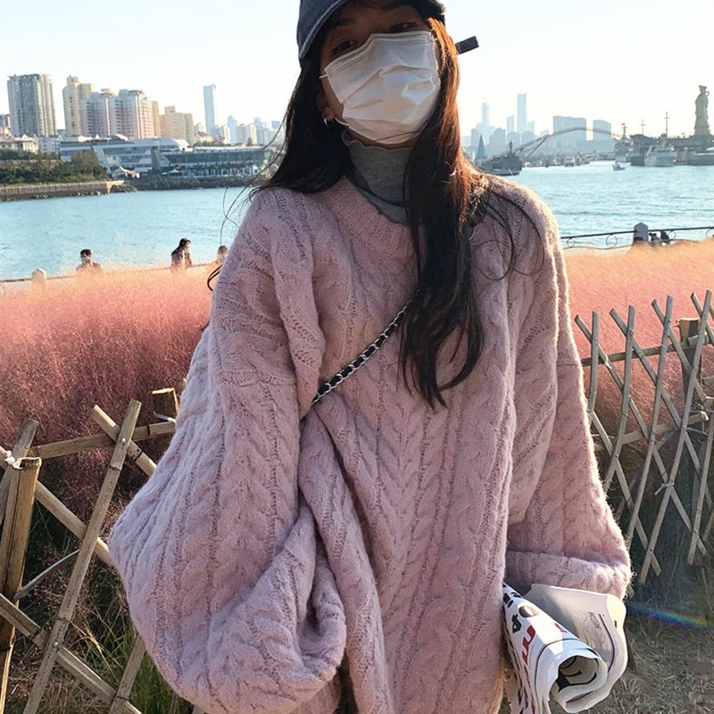 复古麻花毛衣女2023新款秋冬宽松外穿慵懒风加厚软糯中长针织上衣