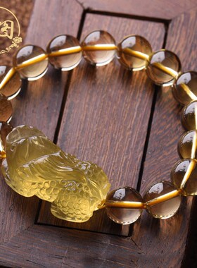 天然黄水晶麻点貔貅手链男女纯手工原石雕刻黄晶皮丘手串情侣礼物