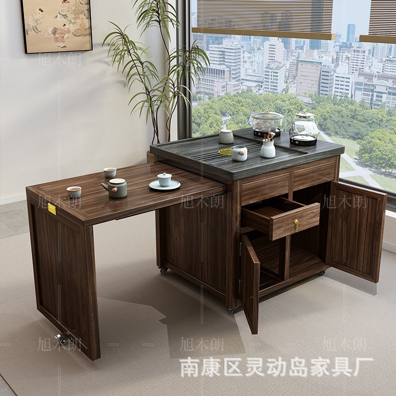 新中式实木茶桌椅组合乌金木茶台办公室阳台小户型简约茶桌可移动