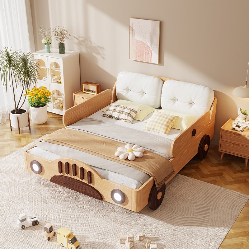 儿童床男孩全实木带护栏汽车床木匠榉木单人床卡通儿童房主题生活