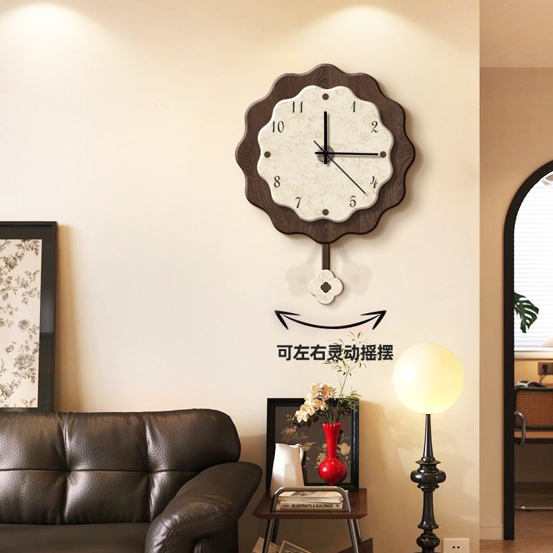 中古风客厅静音挂钟创意简约复古摇摆时钟挂墙电视背景墙装饰钟表