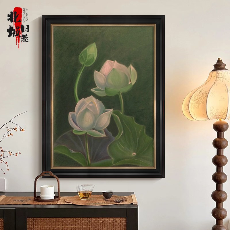 客厅中古风荷花手绘油画复古中式高级感玄关餐厅装饰画背景墙挂画图片