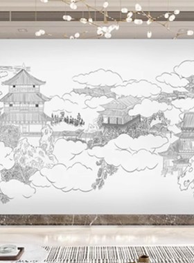 客厅沙发新中式背景墙壁画现代山水楼阁意境墙纸茶室茶楼FJ06616