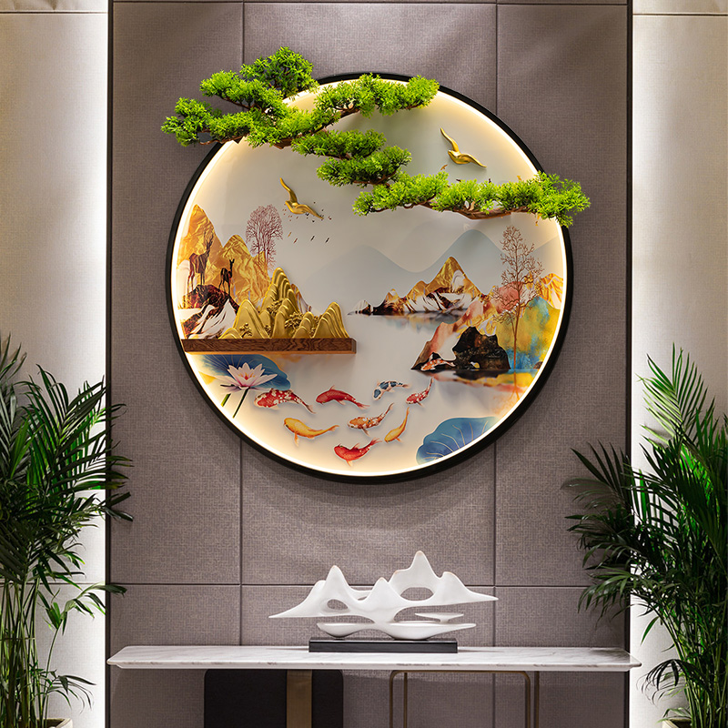 新中式装饰画带灯玄关客厅沙发背景墙上立体迎客松圆形风景挂画图片