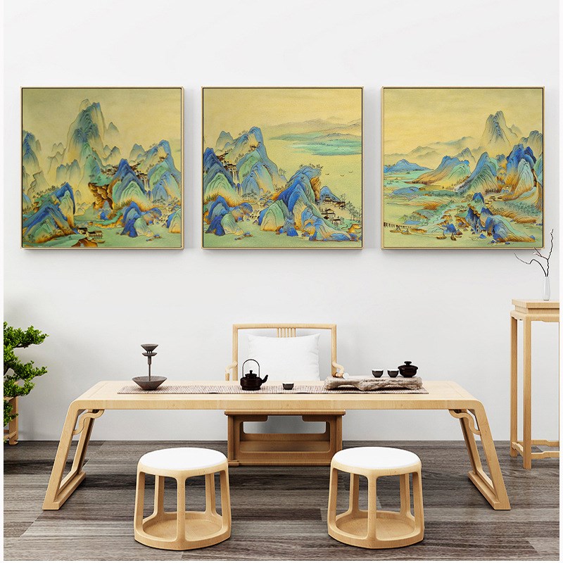 王希孟千里江山图新中式客厅正方形挂画办公室山水风景国画装饰画图片