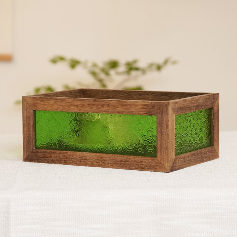 复古木质台桌面装饰盒杂物整理无盖木盒摆设海棠花玻璃收纳盒