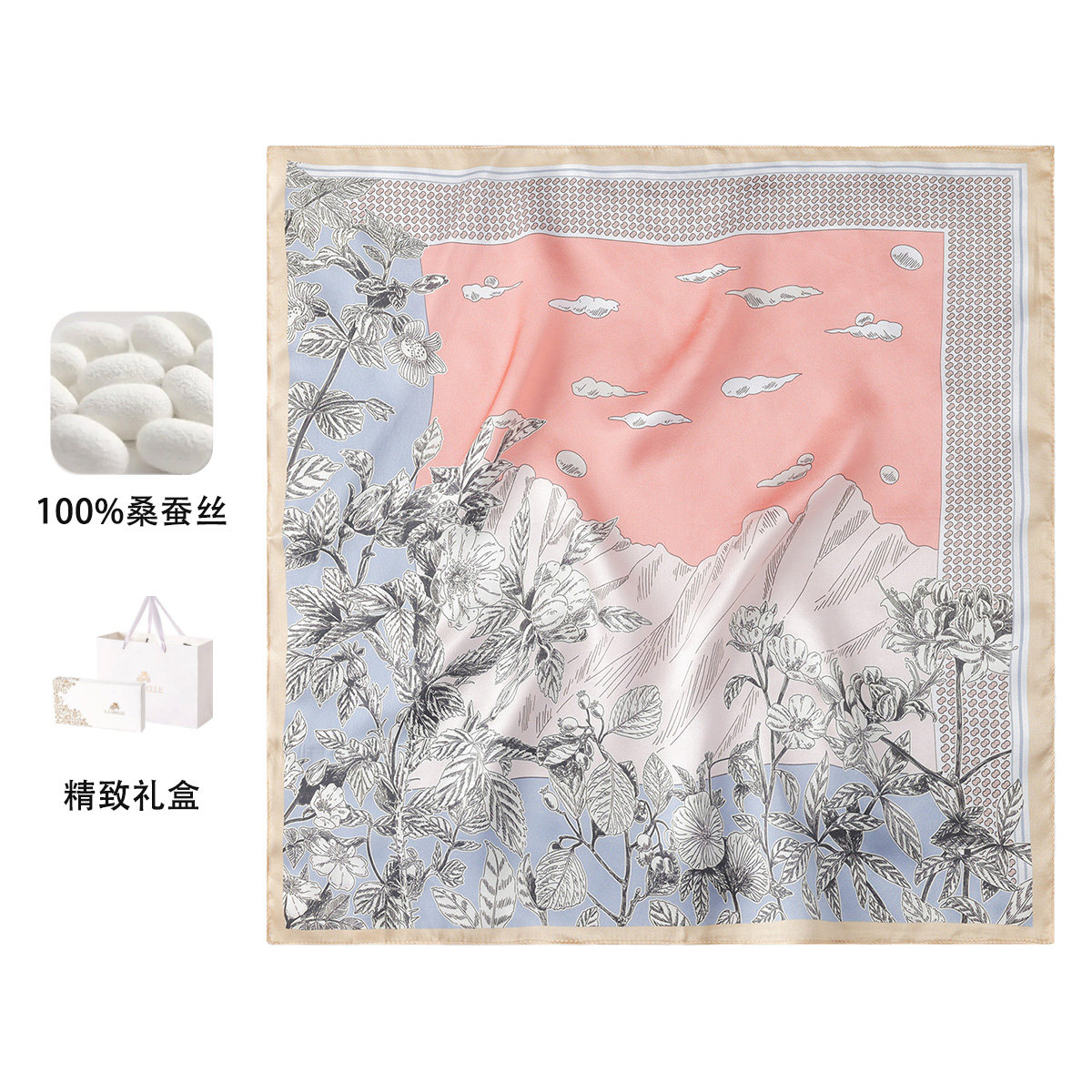 拉贝儿100%桑蚕丝真丝丝巾女士花卉印花方巾高级感气质小方巾