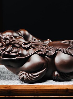 招财貔貅摆件黑檀实木雕刻一对公母金钱貔貅木质家居客厅玄关装饰