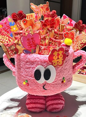 新年桌面摆件2025蛇年装饰品小怪兽收纳筐抱抱桶2024新款糖果盒
