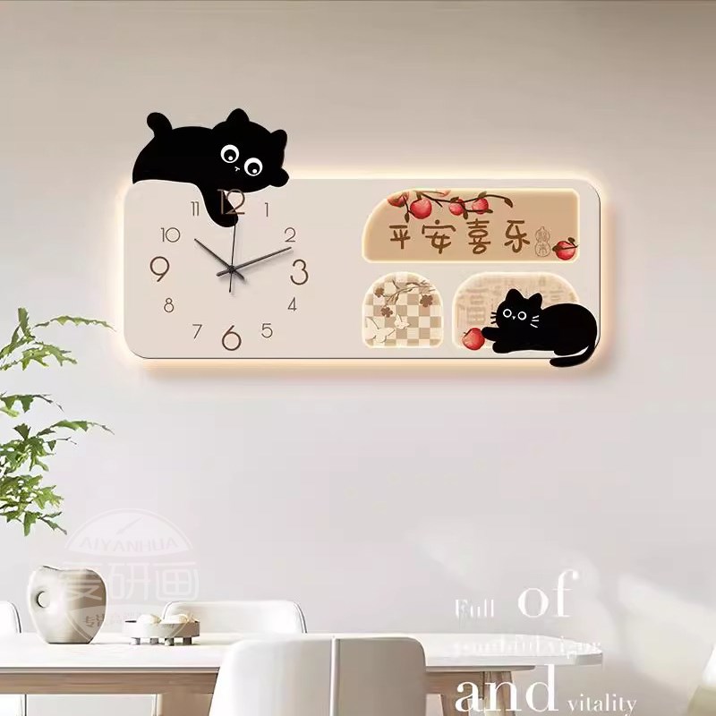 简约现代客厅装饰画卡通猫咪卧室餐厅背景墙钟表挂钟电子时钟灯画图片