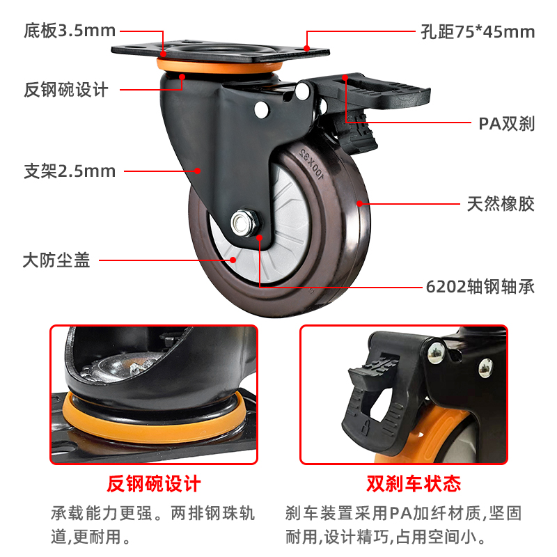 中型反钢碗2.5/3/4/5寸万向轮轮子平I板推车脚轮静音轮带刹车pu